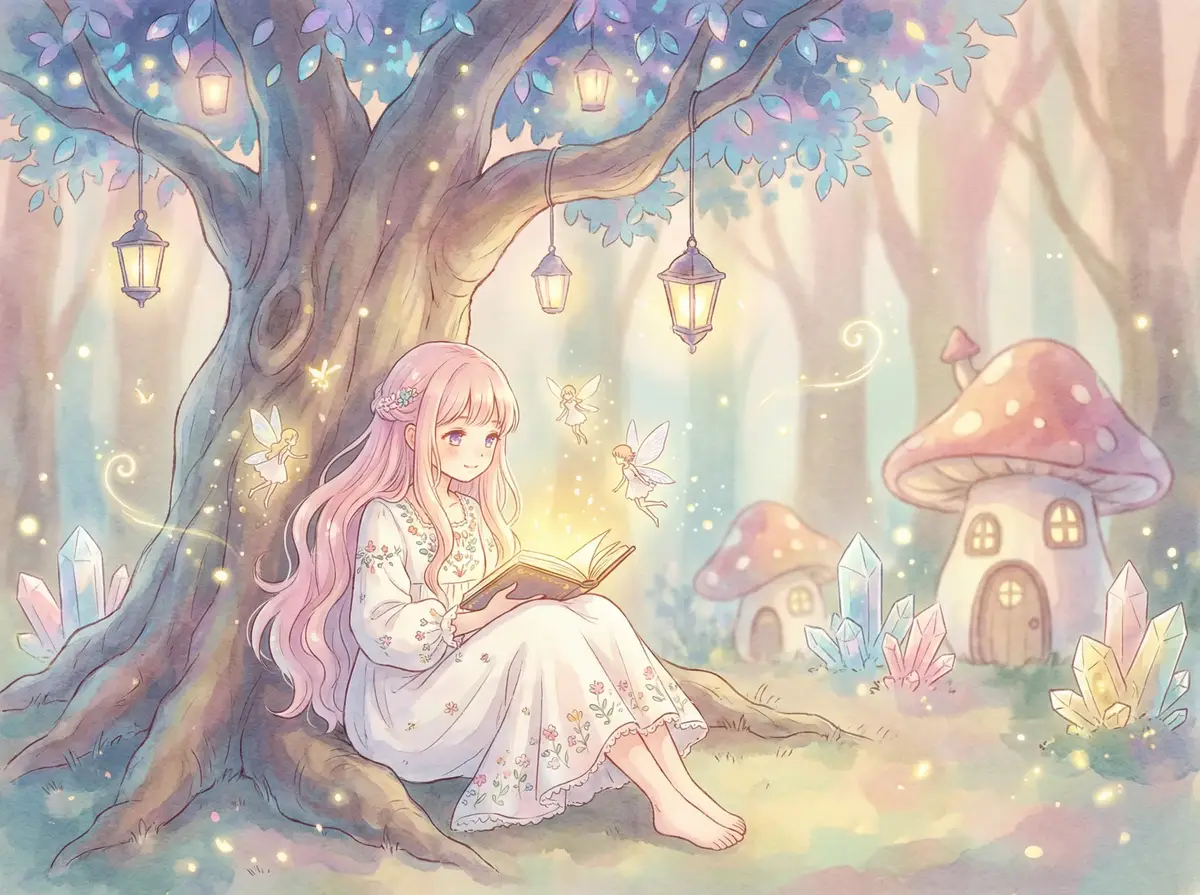 挤痘大师 - 魔法森林中阅读故事书的粉发少女与精灵